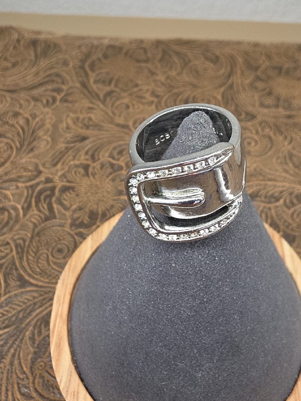 Silver Tone Clear Crystal Buckle Western Inspired Statement Ring